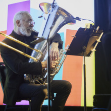 A member of Pacific Symphony on the Go! performs during Summer at Soka