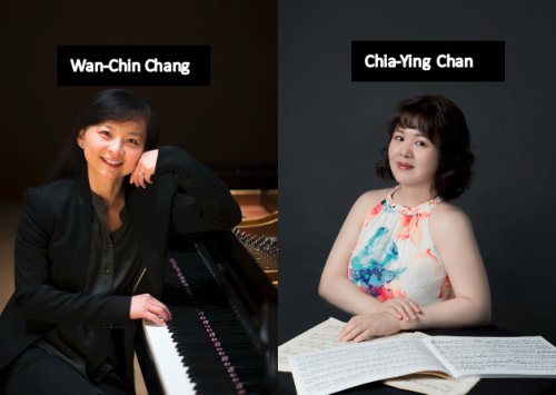 Two women one in black sitting at two pianos