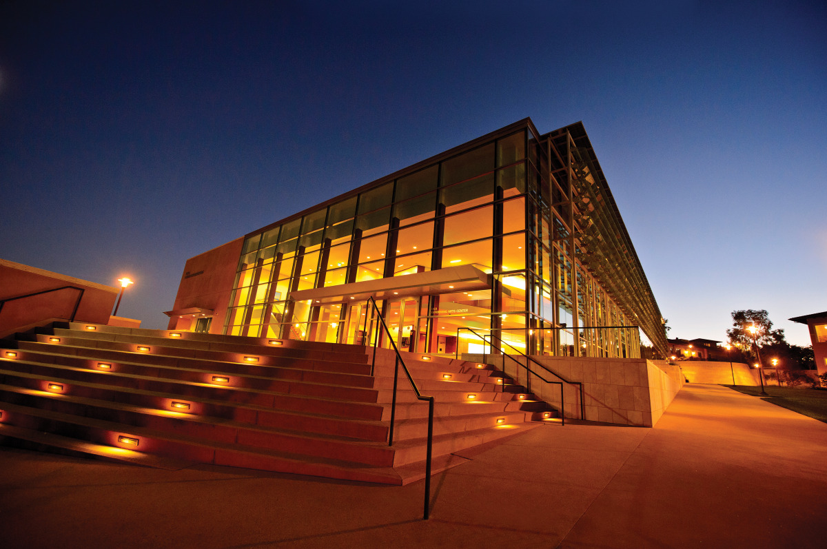 Exterior of Soka Performing Arts Center at twilight